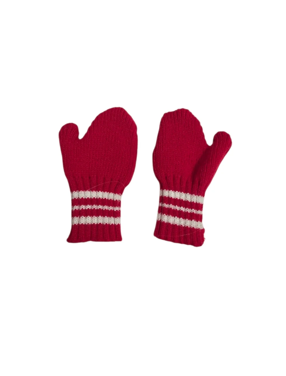 Vintage 1970s Child's Knitted Wool Red Mittens With White Stripes